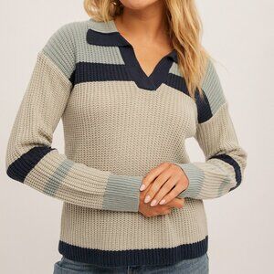 HEM & THREAD Striped Collared Knit Sweater, Navy Sage Beige Preppy Pullover